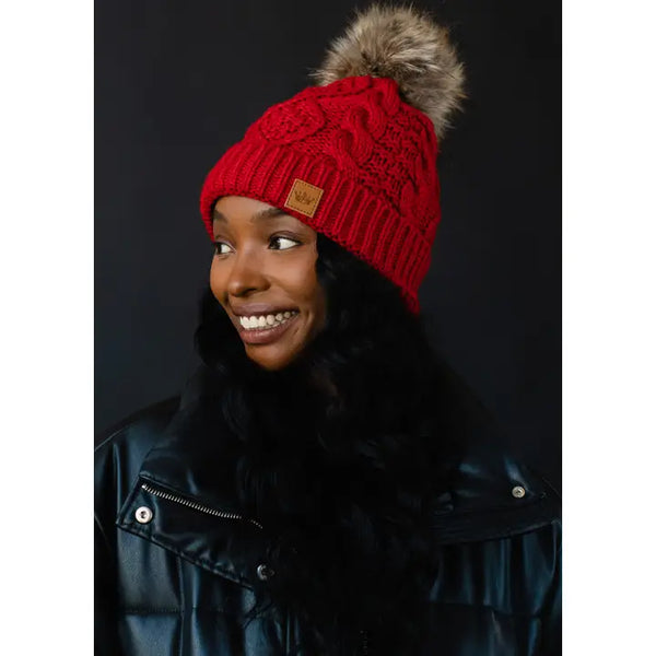 Cable Knit Natural Pom Hat Red