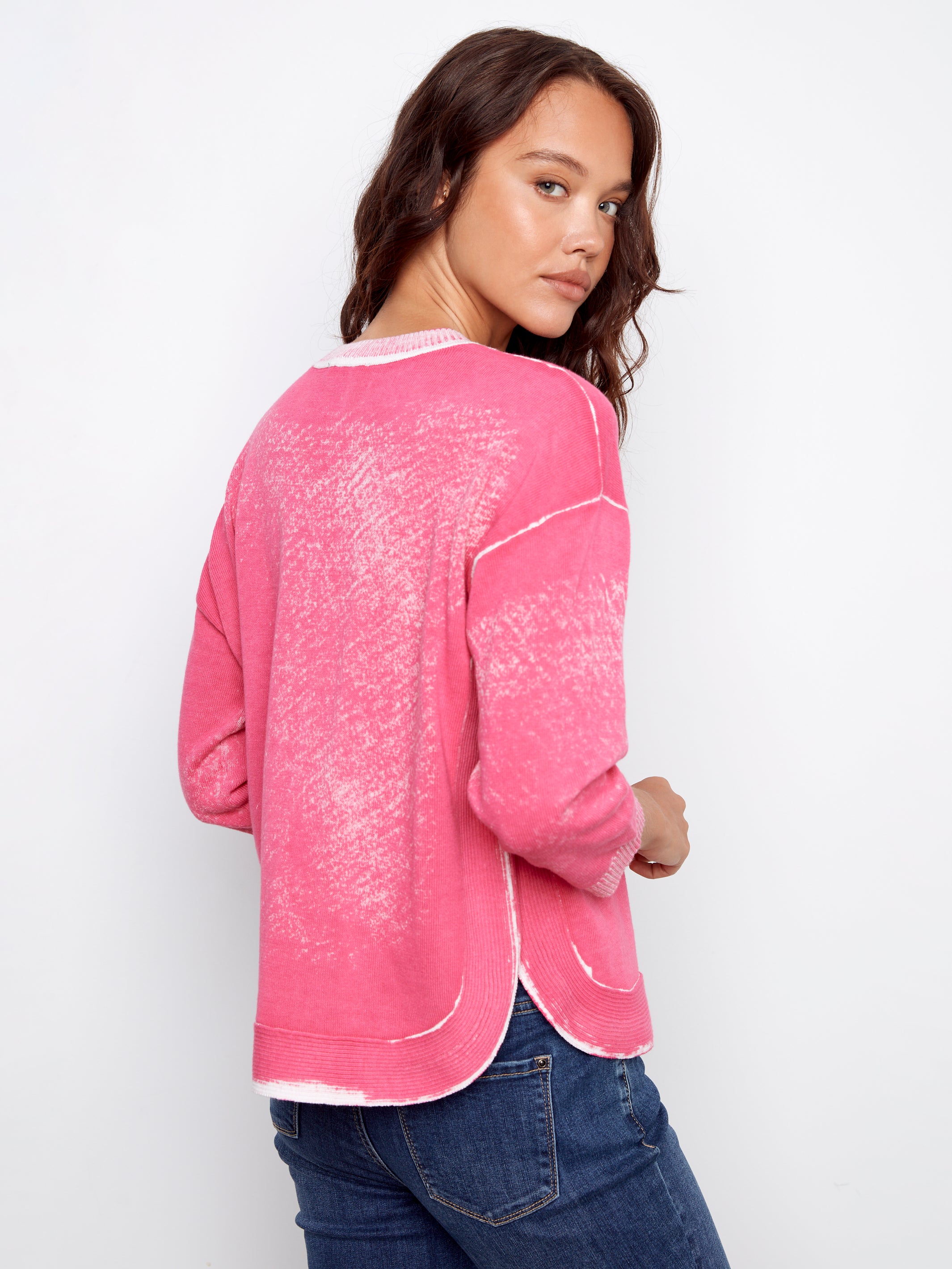 3/4 Sleeve Reversed Print Curved Hem Sweater Fuchsia