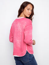 3/4 Sleeve Reversed Print Curved Hem Sweater Fuchsia