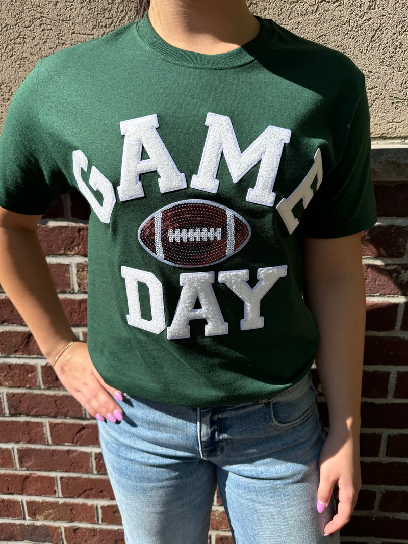 Game Day Sparkle Football Tee Forest Green