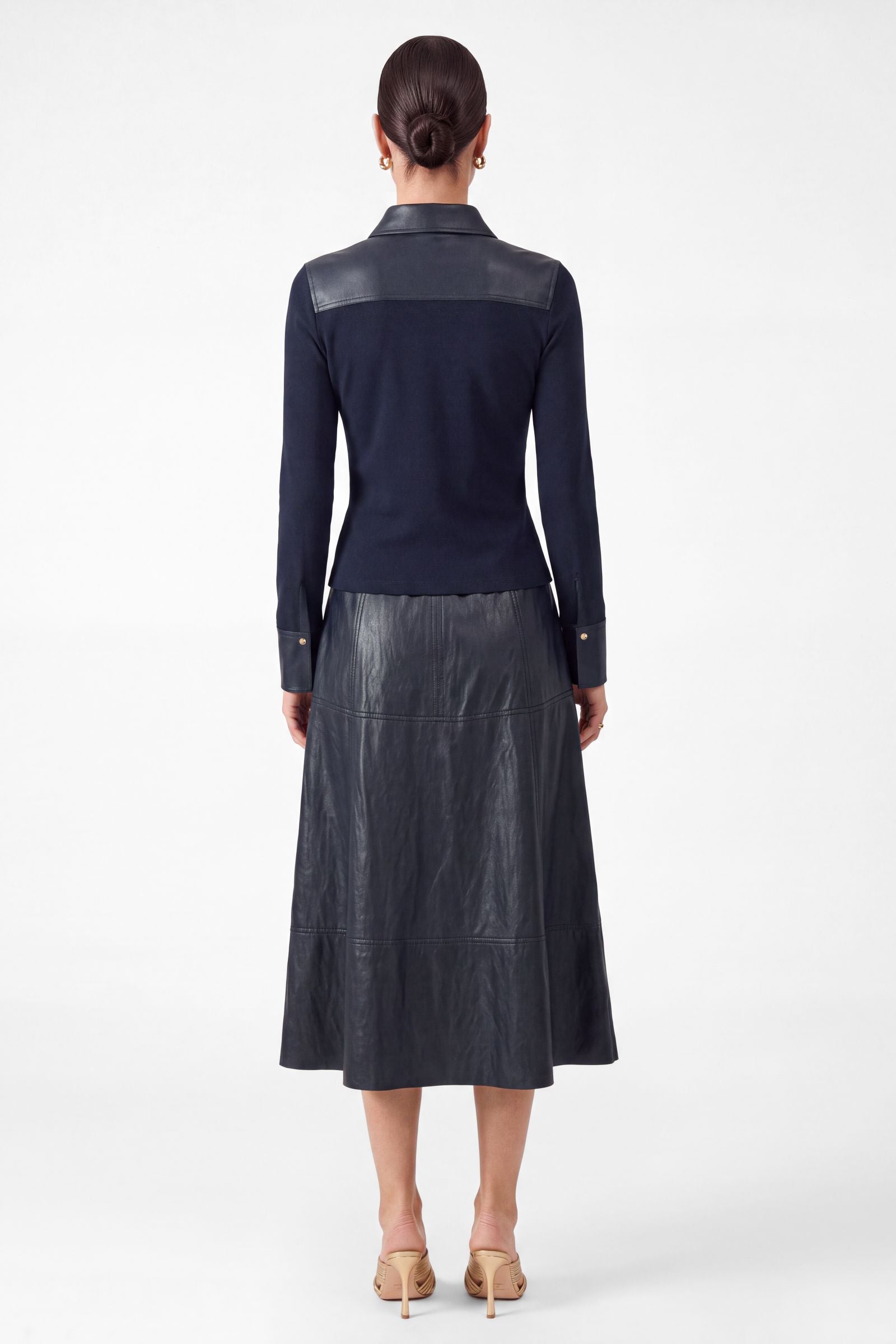 Ribbed Knit Leather Contrast Collared Top Navy