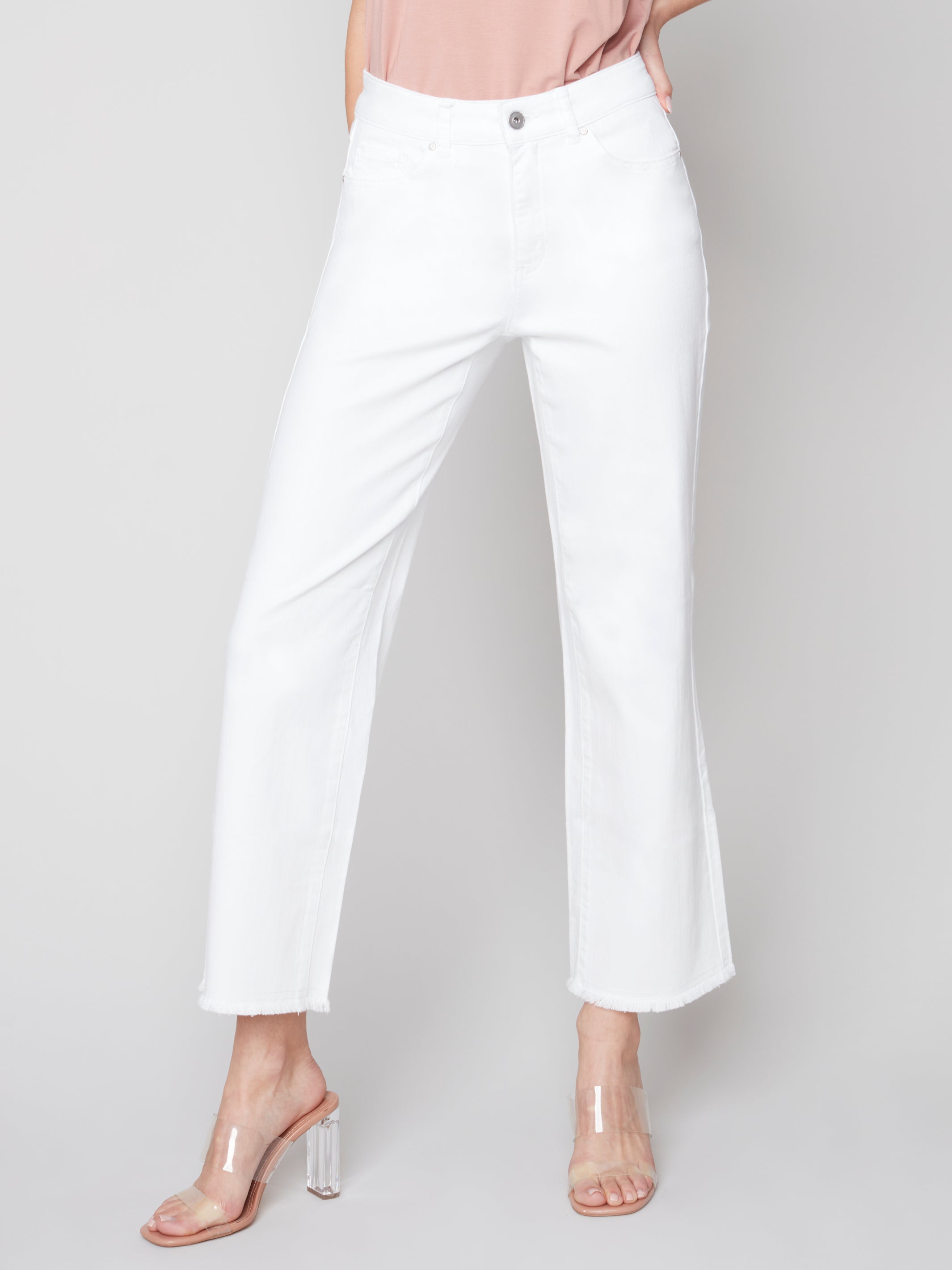 Wide Leg Fray Hem Twill Jeans White