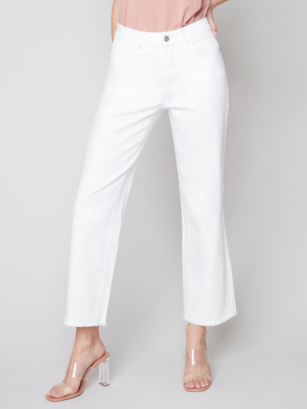 Wide Leg Fray Hem Twill Jeans White