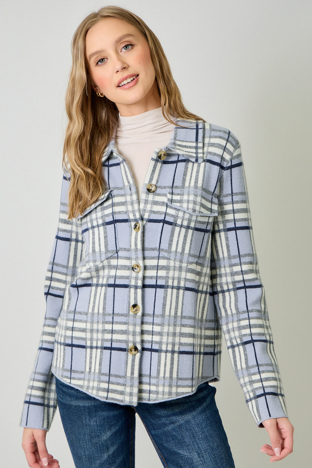 Check Patterened Sweater Jacket Cloudy Blue Mix