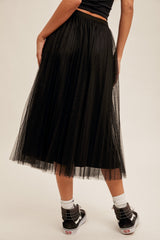 Layered Mesh Pleated Skirt Black