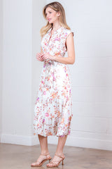 Rolled Cap Sleeve Floral Print Tie Belt Midi Dress Ivory Multi