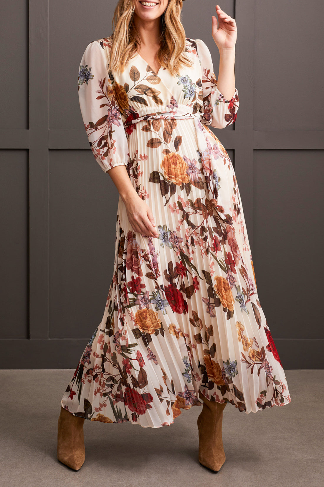 3/4 Sleeve Pleated Skirt Printed Maxi Dress Moonstone Floral