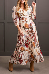 3/4 Sleeve Pleated Skirt Printed Maxi Dress Moonstone Floral