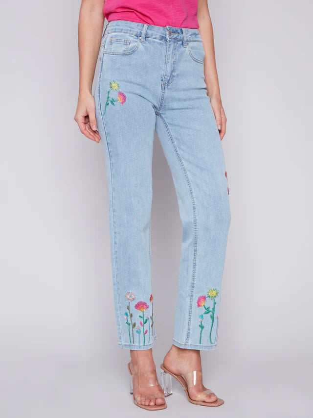 Embroidered Stemmed Floral Denim Jeans Bleach Blue