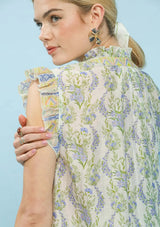 Wild Floral Ruffle Trim Cap Sleeve Top Blue