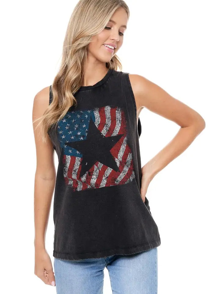 American Flag Star Graphic Washed Tank Black