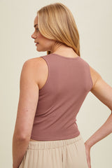 Cropped Ribbed Padded Bra Tank Red Bean