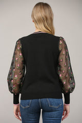 Contrast Sheer Jacquard Sleeve Crew Neck Sweater Black + Mauve
