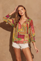 Aura Smocked Neckline Flowy Blouse Olive Multi