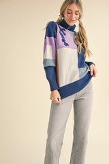 Colorblock Patchwork Turtleneck Sweater Navy
