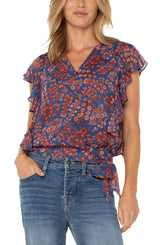 Ruffle Sleeve Drape Front Waist Tie Top Blue Pink Floral