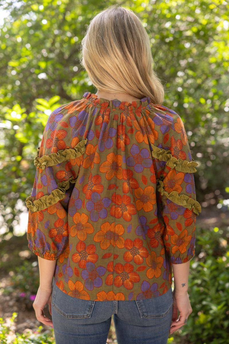 3/4 Sleeve Ruffle Detail Color Block Printed Top Olive