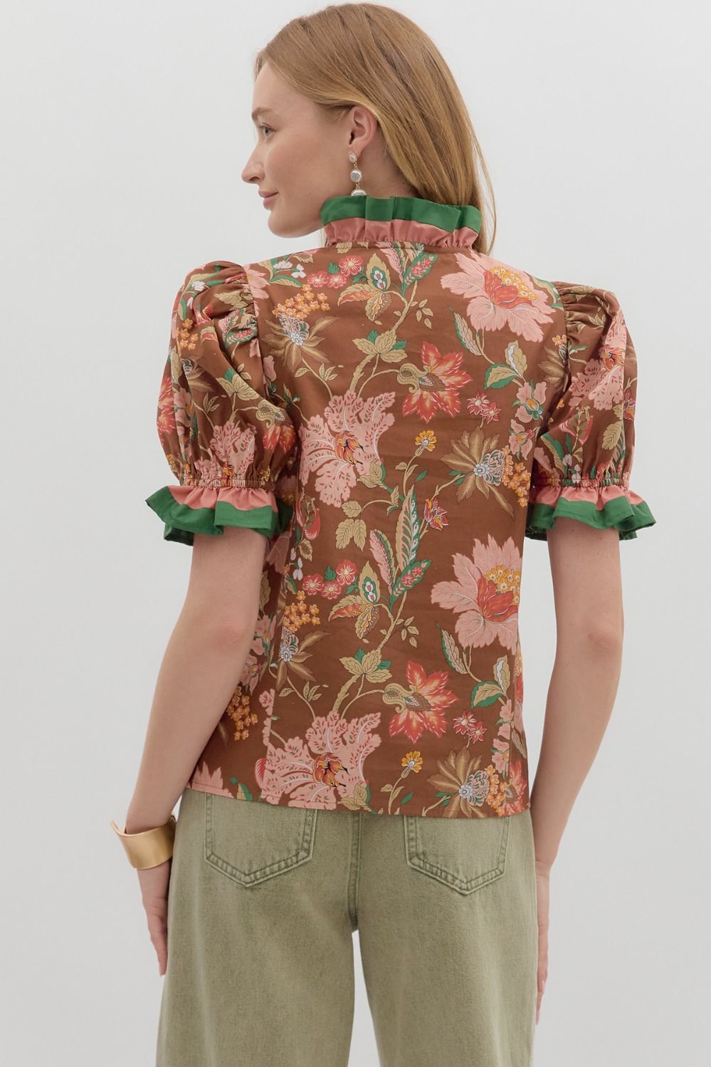 Floral Print Puff Sleeve Ruffle Accent Top Brown