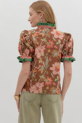 Floral Print Puff Sleeve Ruffle Accent Top Brown
