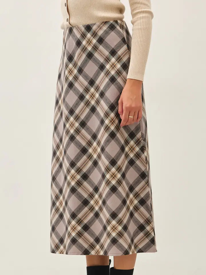 Campbell Plaid Knee Length Skirt Greige