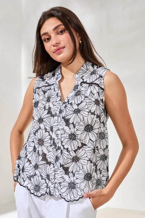 Button Front Embroidered Floral Frill Tank White + Black
