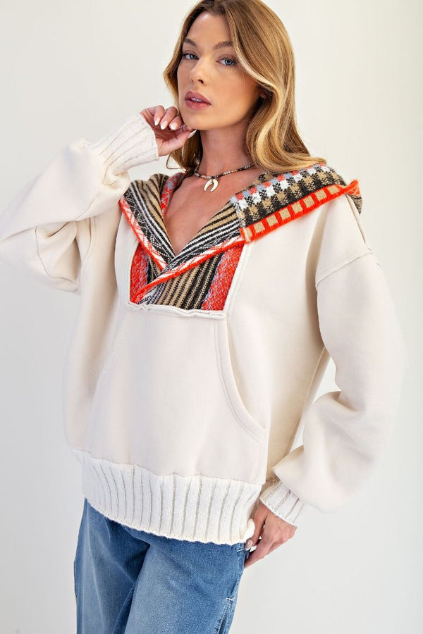 Multicolor Washed Terry Pullover Hoodie Ecru