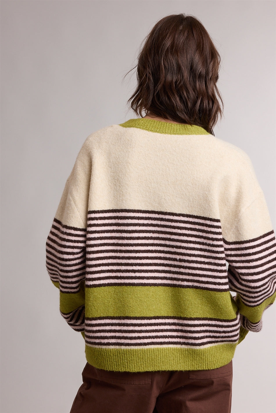 Striped Colorblock Sweater Cardigan Avocado + Espresso