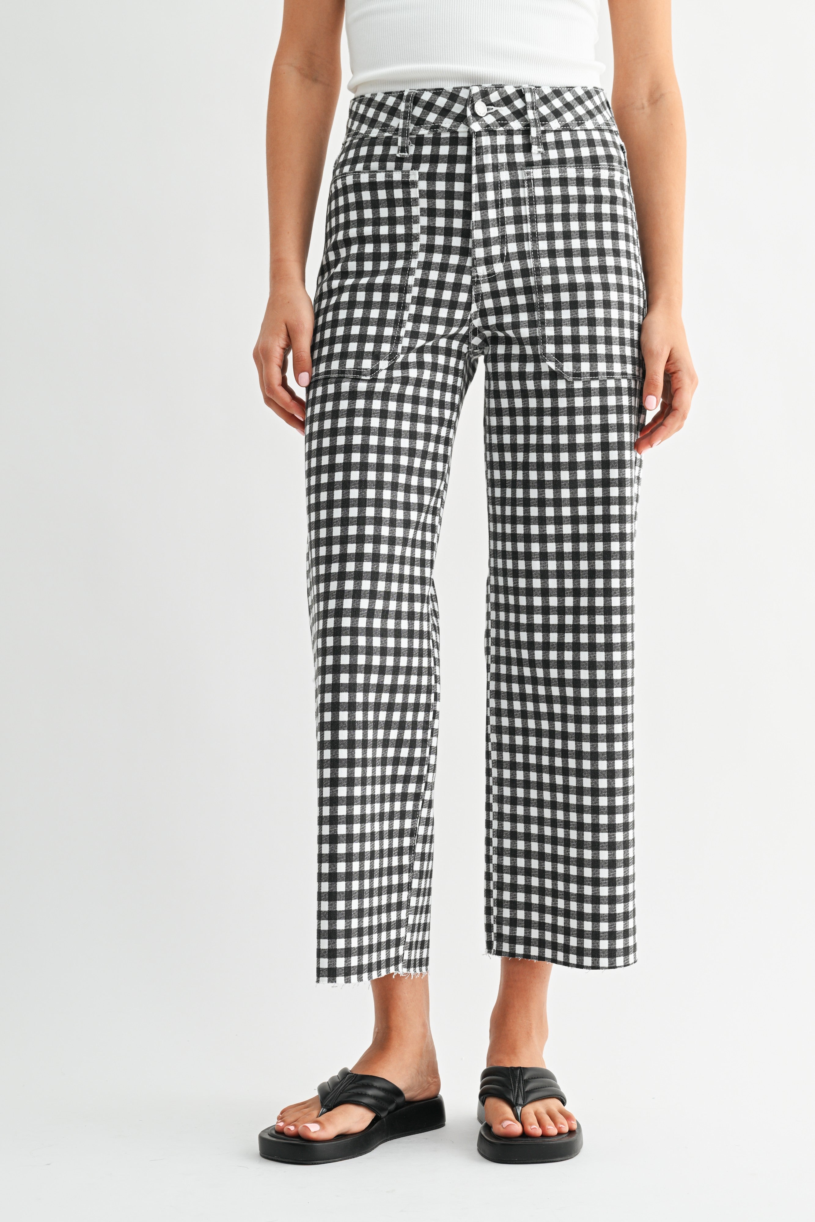 High Rise Utility Wide Leg Jean Black Gingham