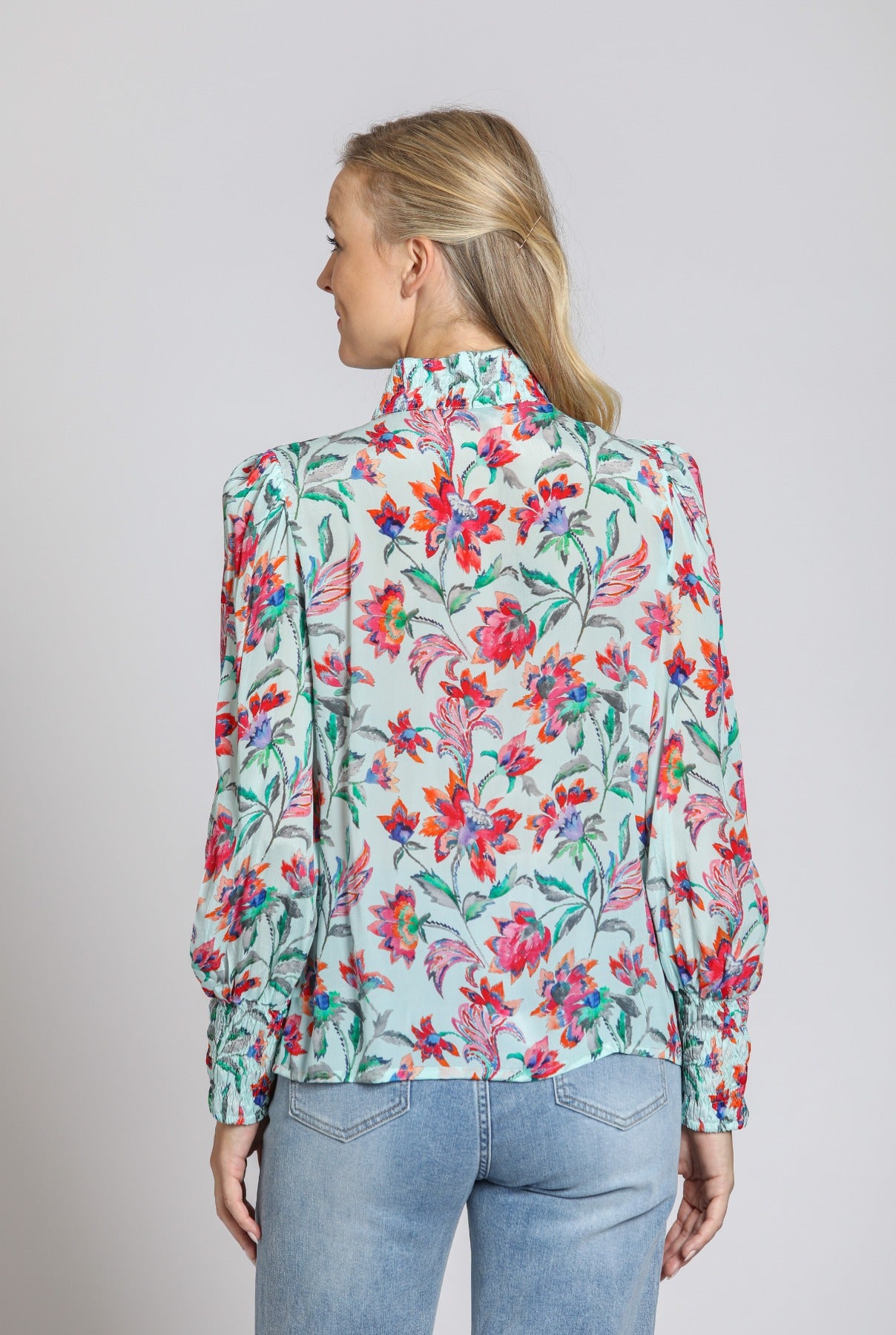 Puff Sleeve Collar Detail 3/4 Button Down Blouse Turquoise Multi