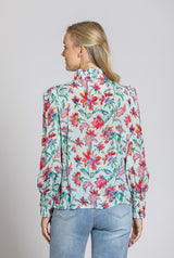 Puff Sleeve Collar Detail 3/4 Button Down Blouse Turquoise Multi