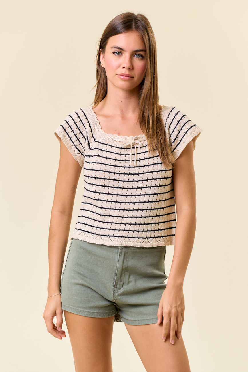 Striped Short Sleeve Sweater Tie Top Cream