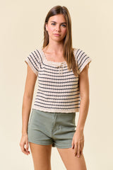 Striped Short Sleeve Sweater Tie Top Cream