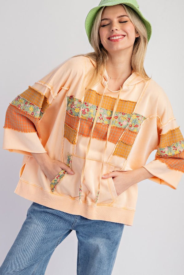 3/4 Sleeve Mix Pattern Patch Detail Hoodie Cantaloupe