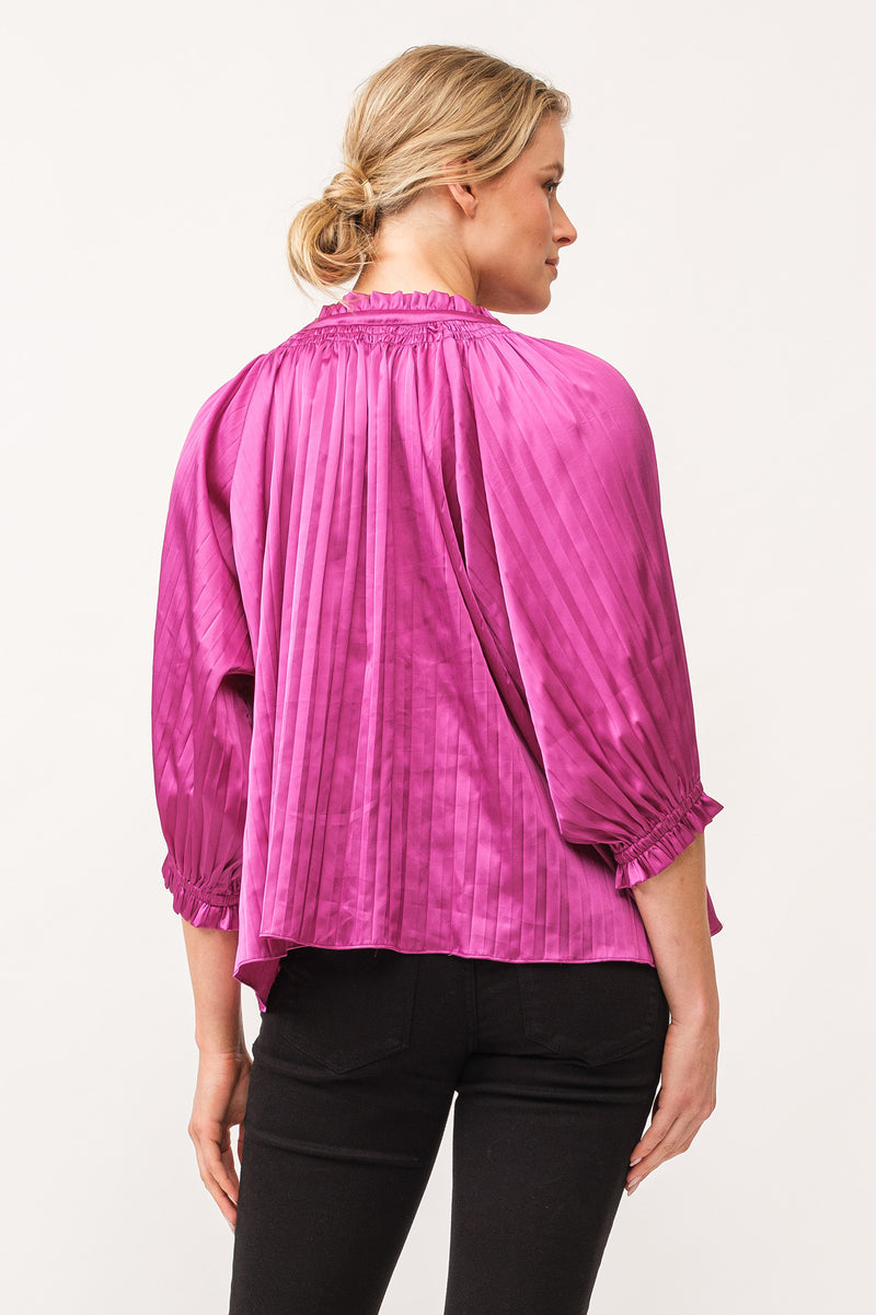 Anais Ruched Neck 3/4 Sleeve Pleated Blouse Dahlia Mauve