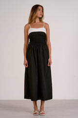 Smocked Colorblock Top Waist Midi Dress Black