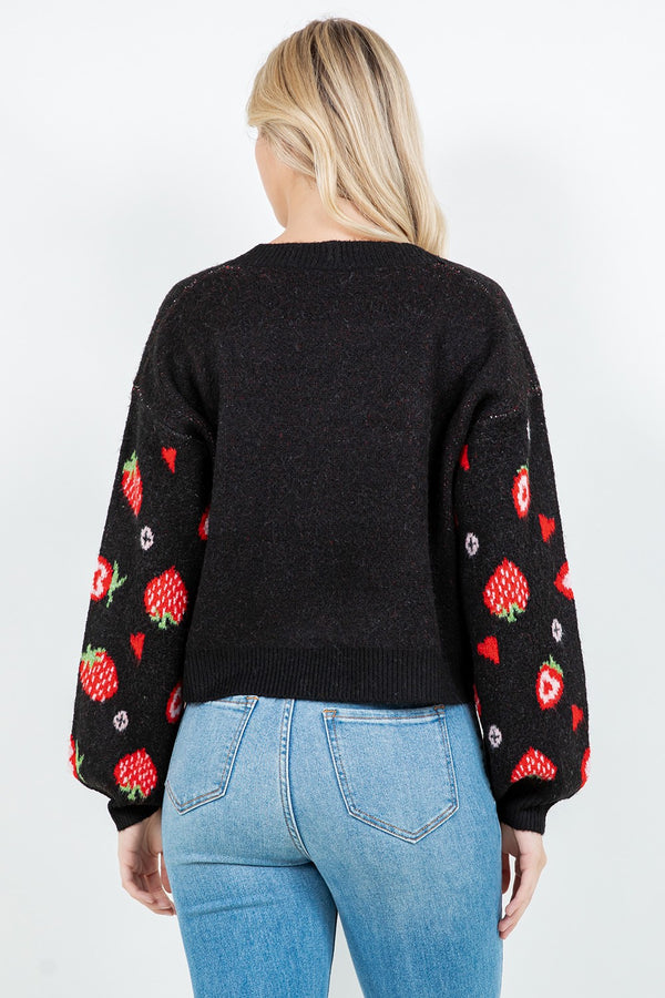 Strawberries Buttoned Sweater Cardi Black