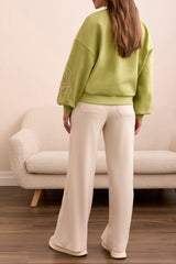 Bubble Sleeve Embroidered Flowers Sweatshirt Wasabi