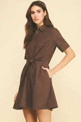 Tie Front Collared Button Down Mini Dress Espresso