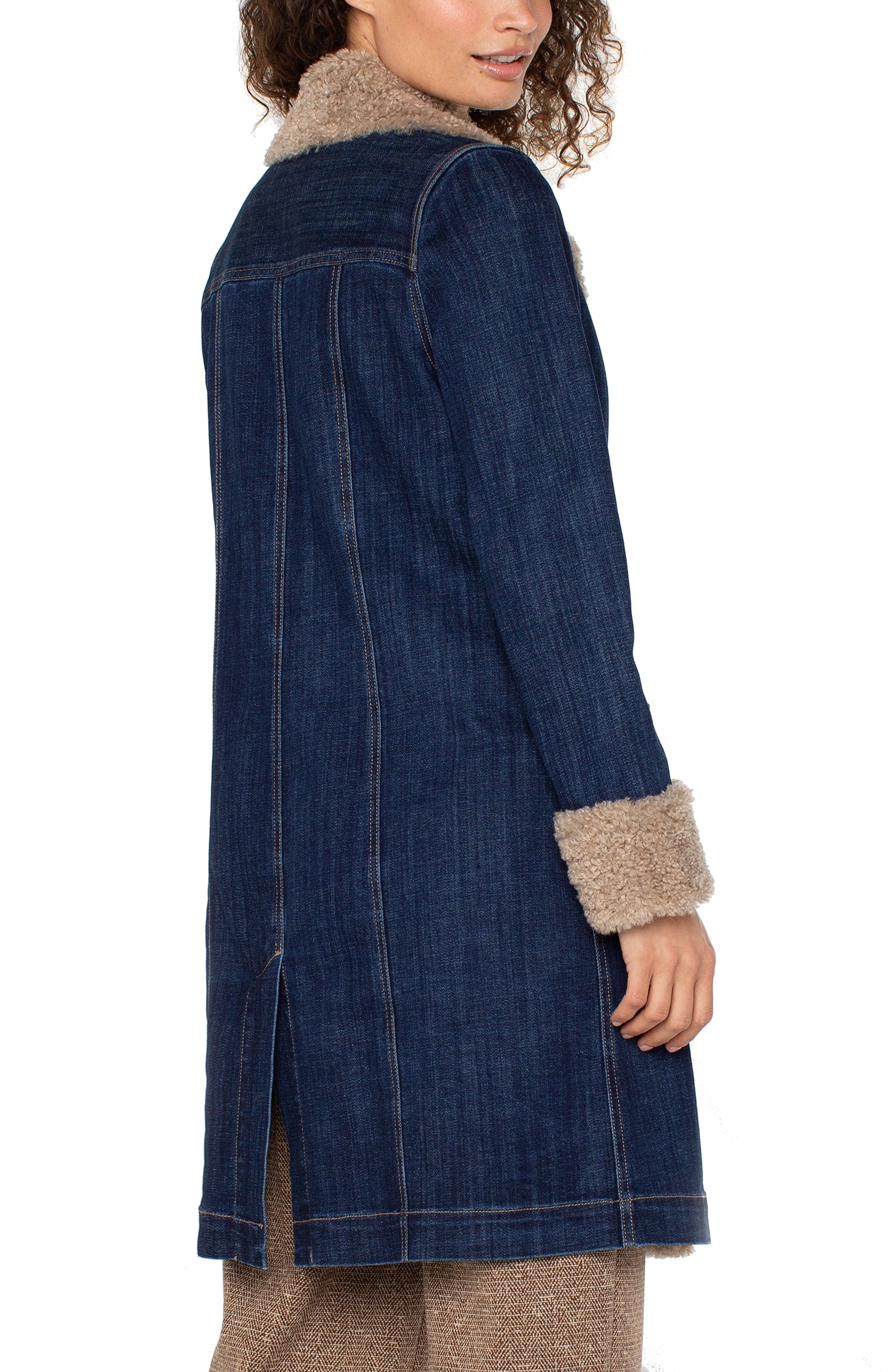 Sherpa Trimmed Notch Collar Long Denim Jacket Rinse Wash