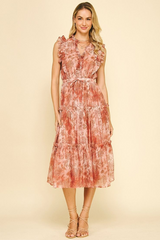 Printed Ruffle Details Tiered Midi Dress Rust