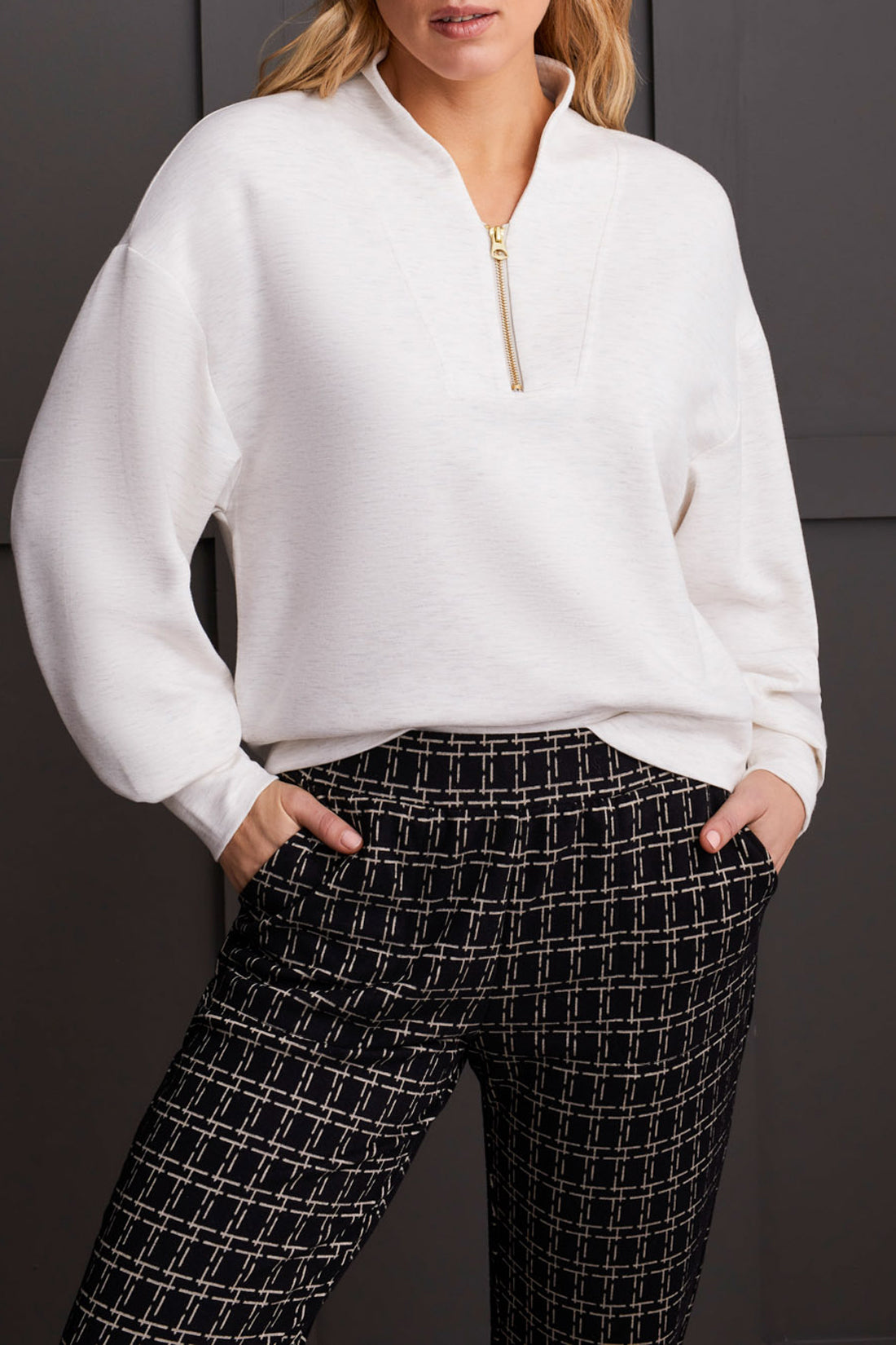 Quarter Zip Vneck Dolman Top Heather Frost Grey