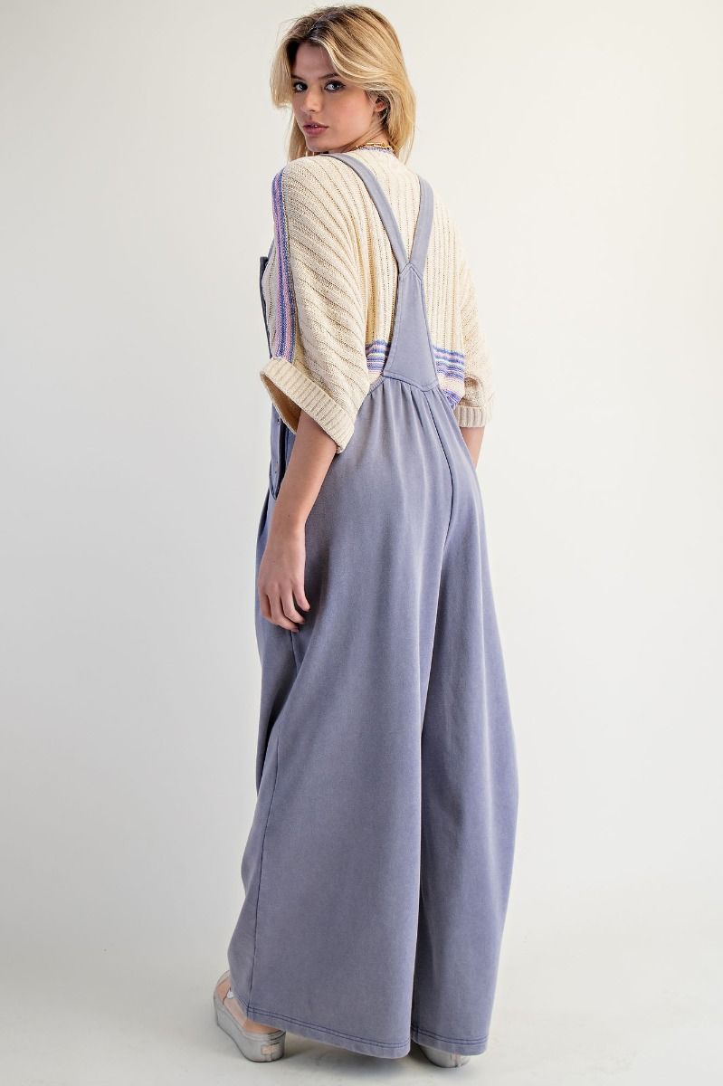 Washed Terry Knit Wide Leg Jumpsuit Faded Blue