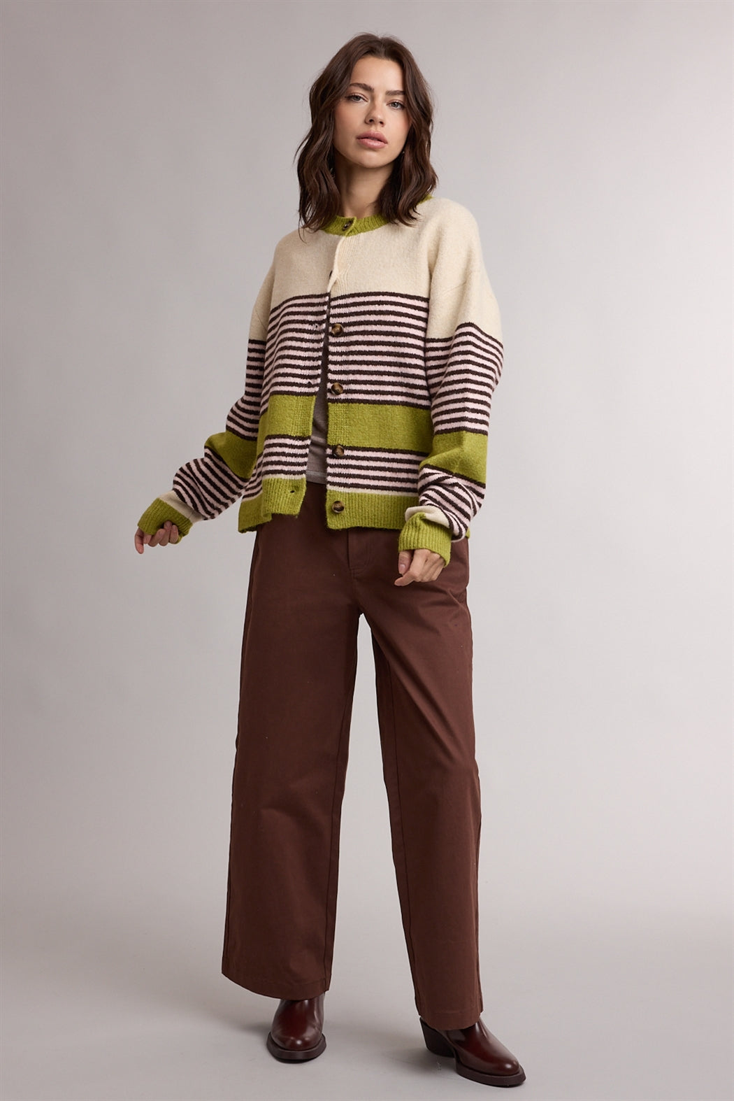 Striped Colorblock Sweater Cardigan Avocado + Espresso