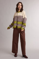 Striped Colorblock Sweater Cardigan Avocado + Espresso