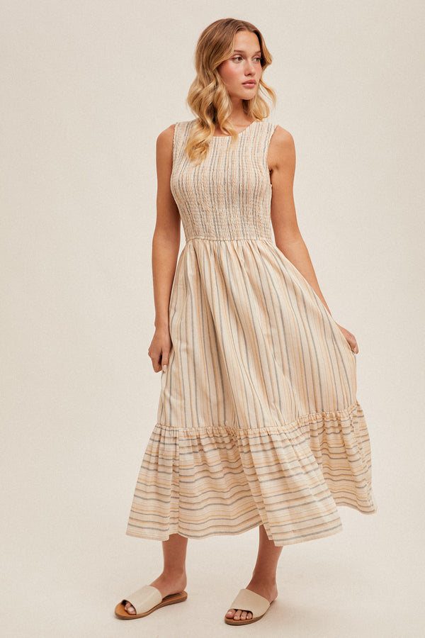 Sleeveless Smocked Stripe Midi Dress Taupe