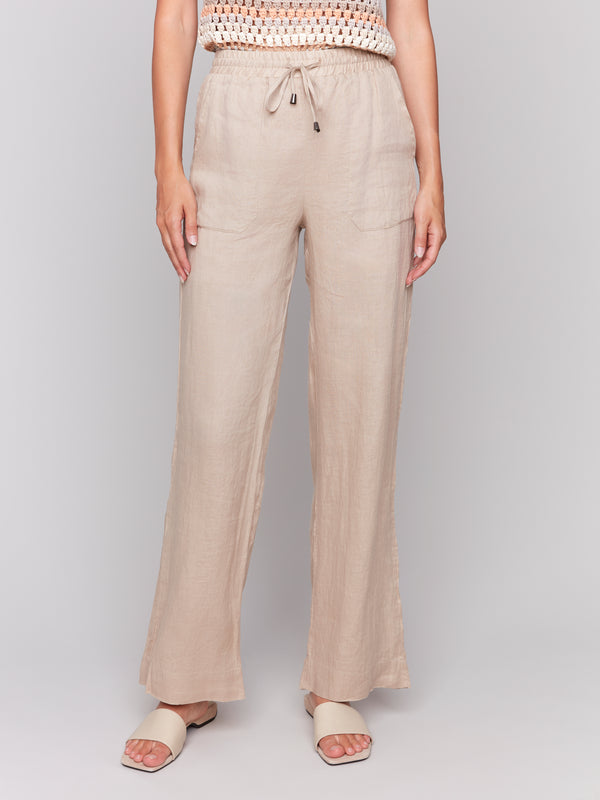 Pull On Linen Wide Leg Pants Biscuit
