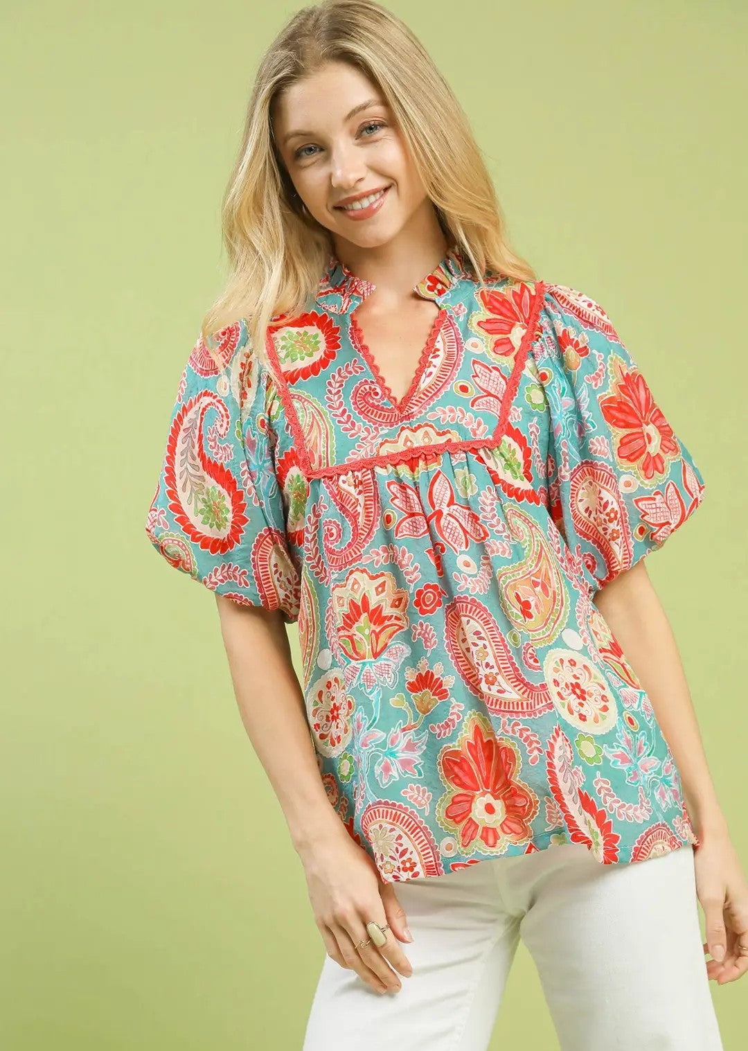 Mix Paisley Print Puff Sleeve Blouse Light Blue Mix