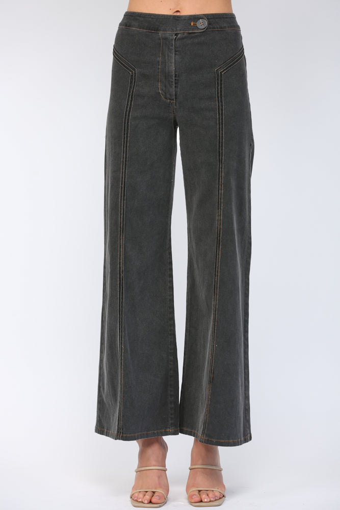 Contrast Stitch Triple Pintuck High Waist Flare Pants Black