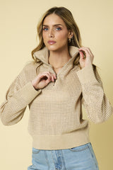 Open Knit Mock Neck Zip Up Sweater Top Oatmeal
