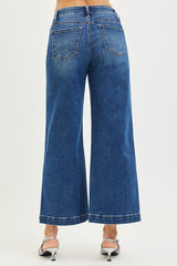 High Rise Crop Wide Leg Button Detail Jeans Dark